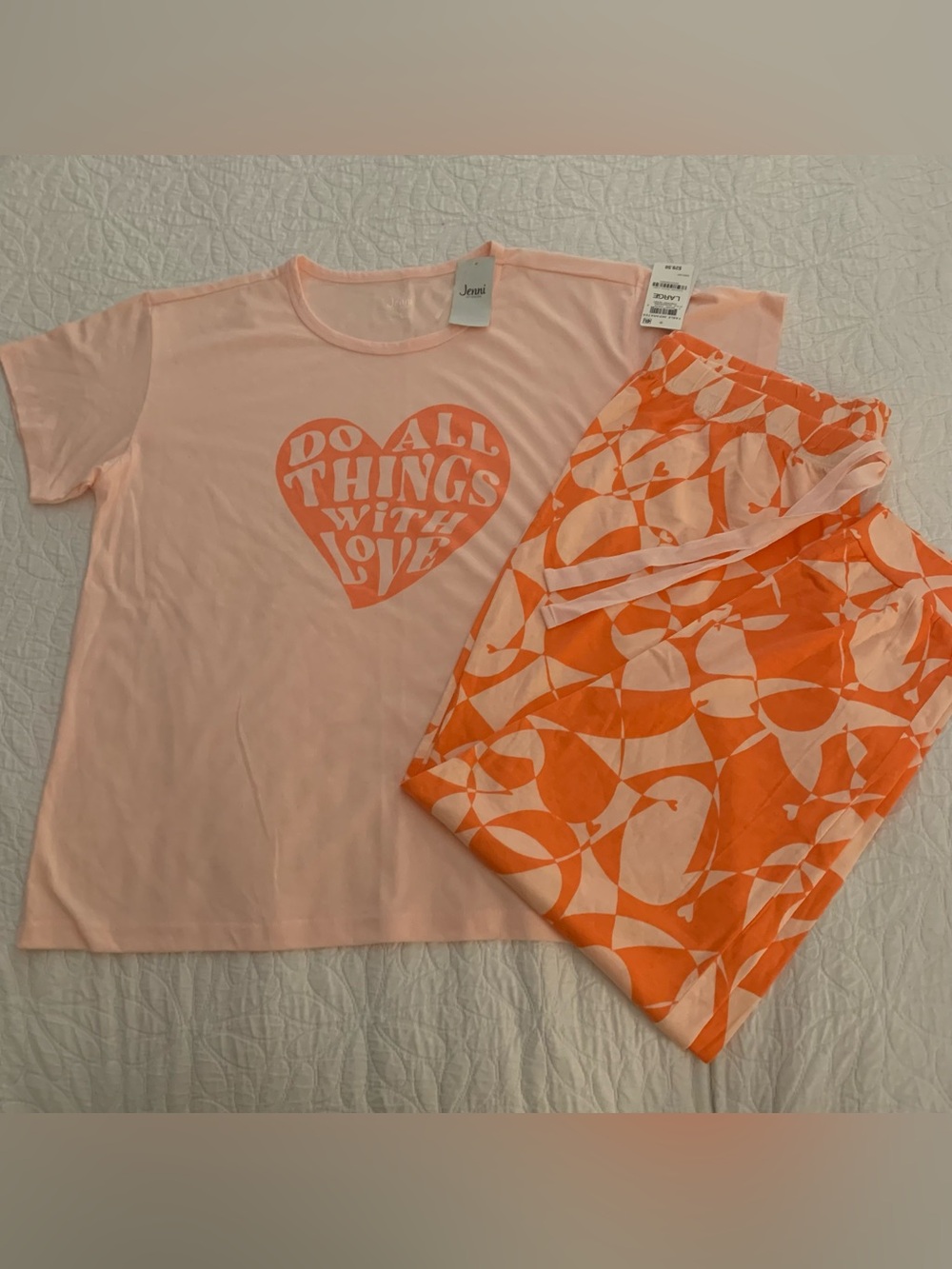 Jenni NWT Large Pink & Orange Heart Graphic DO ALL THINGS WITH LOVE PJ Set
